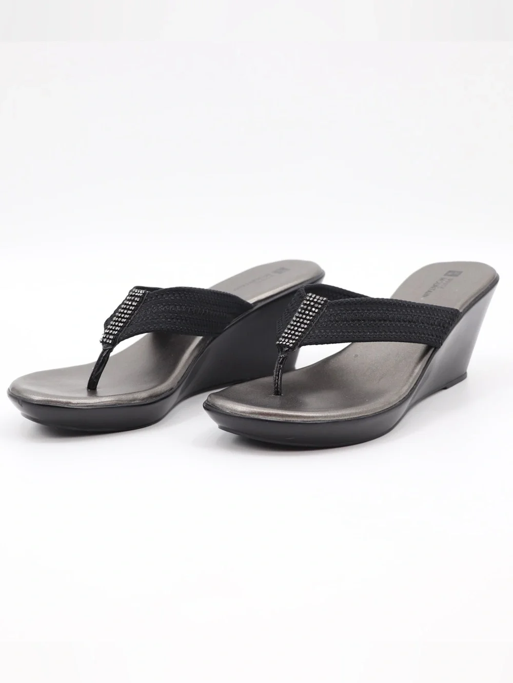 White Mountain Women’s 9 Black Rhinestone Wedge Thong Sandal